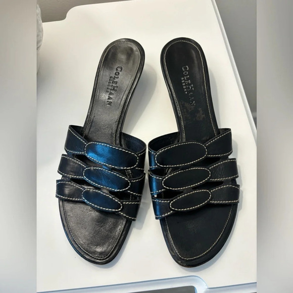COLE HAAN OPEN TOE SHOES WOMENS 9B BLACK LEATHER BLOCK HEEL CASUAL SLIP ON - Picture 1 of 5
